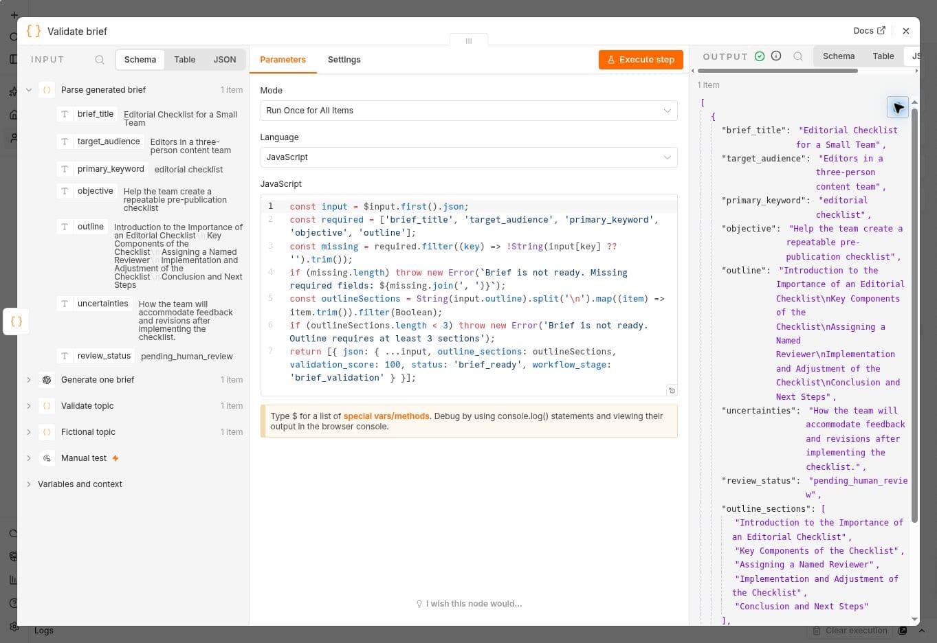 Actual generated brief and readiness validator in n8n