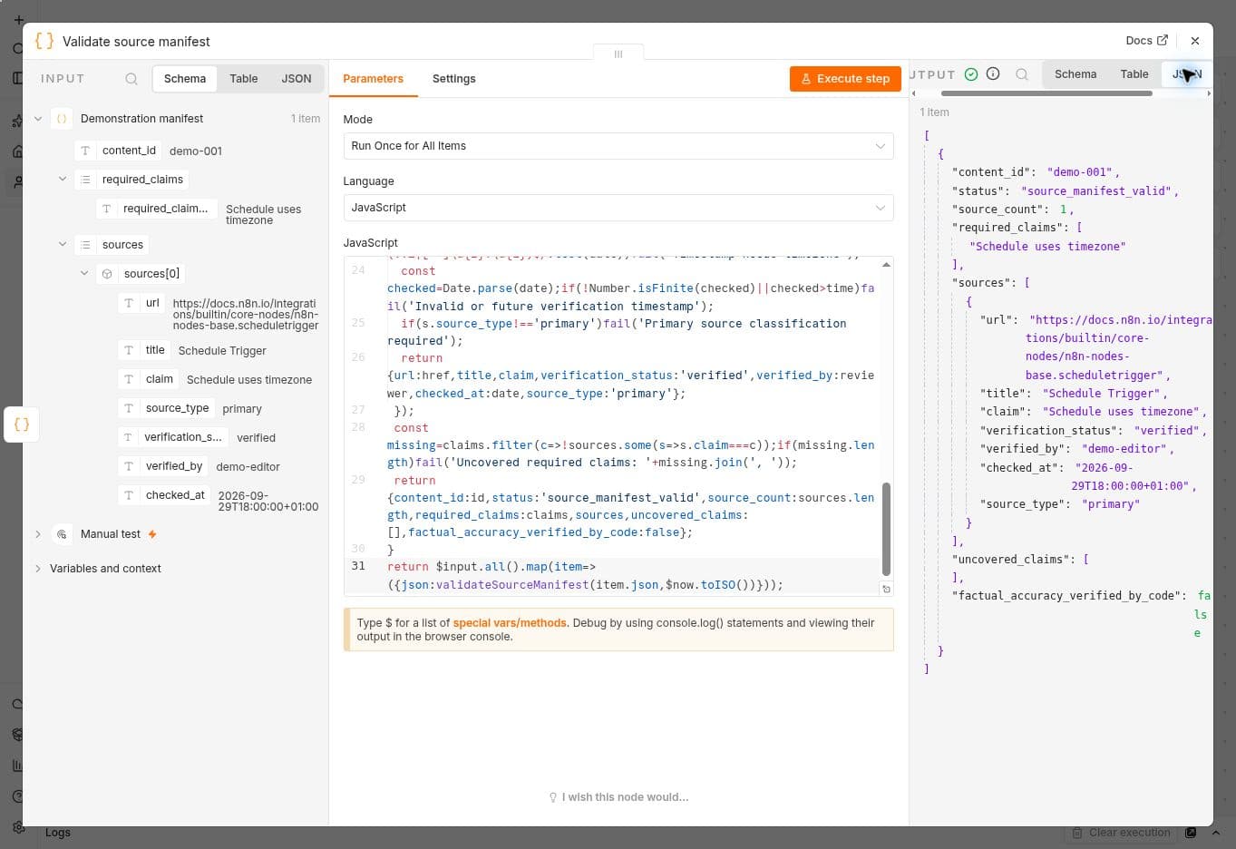 Live source manifest output showing source_manifest_valid