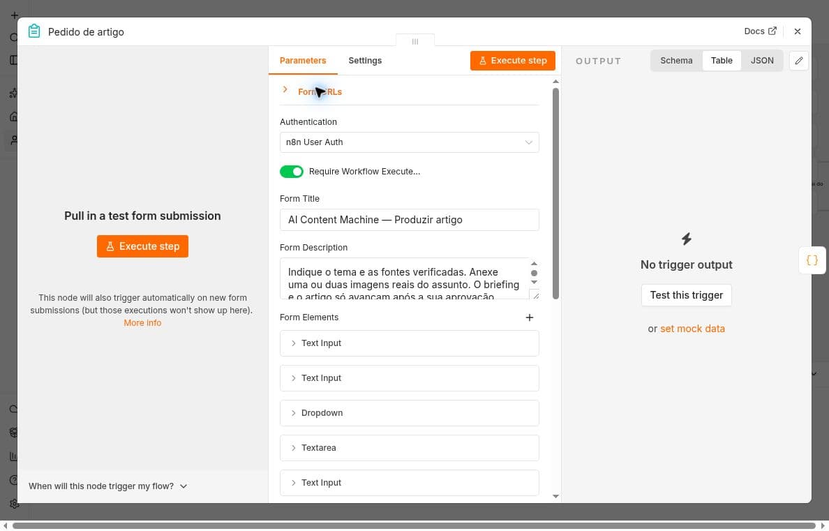Request form configured with n8n User Auth and execute permission required