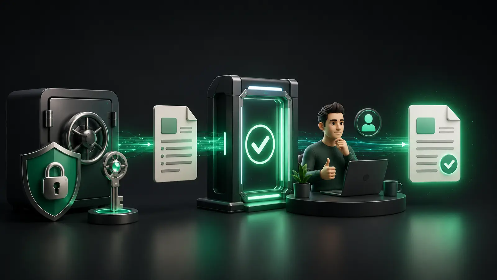 Protected credentials, a document validation gate, and a human reviewer approving the final result.