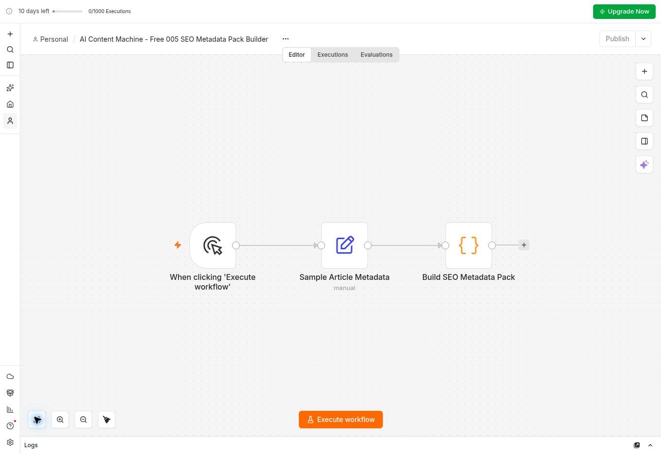 n8n canvas showing a manual trigger, sample article metadata and SEO metadata pack builder
